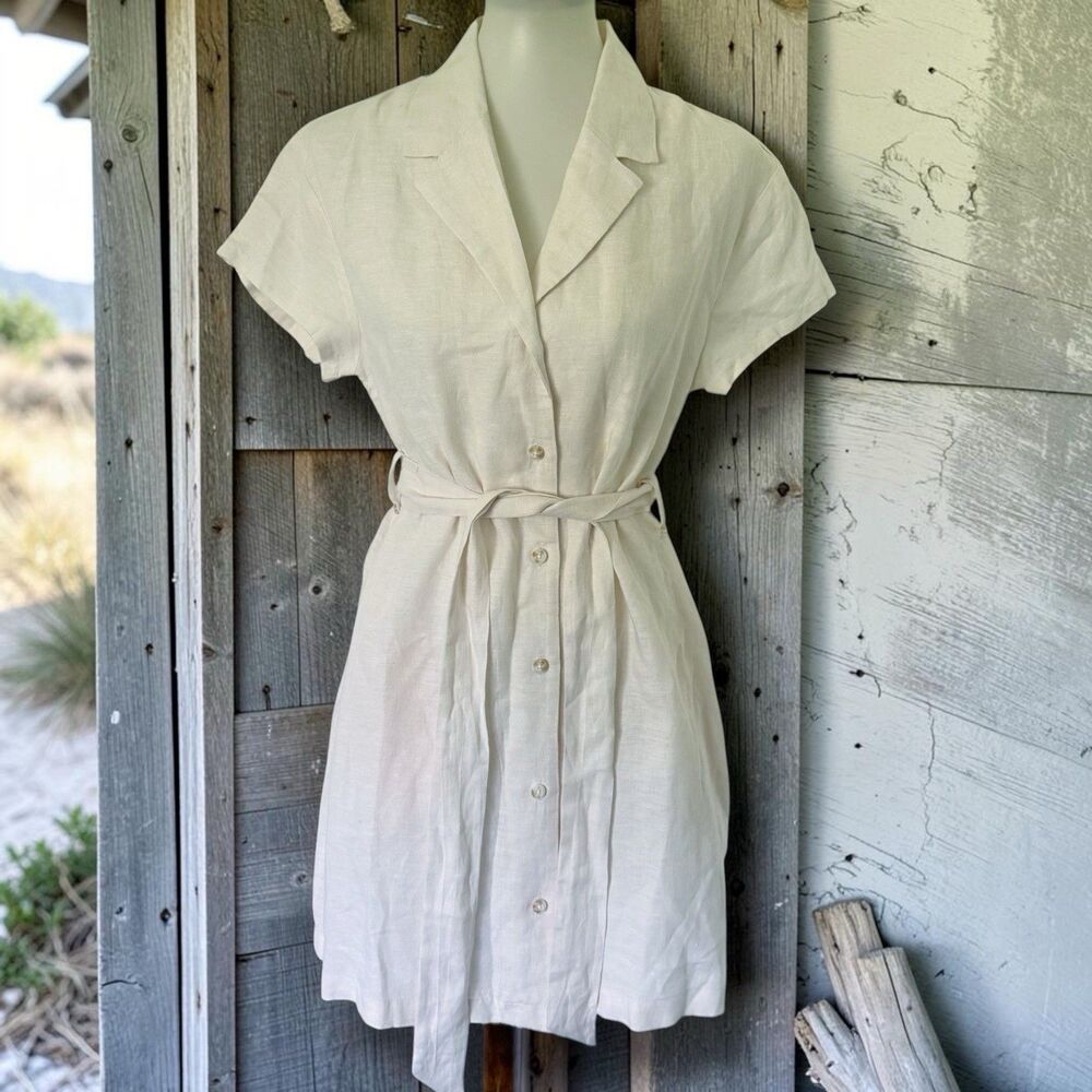Tahari 100% Linen Shirt Dress Women's Medium Beige Button Front Pockets Belted M